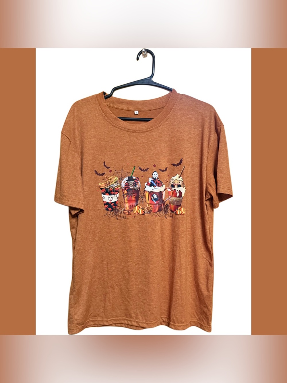 🎃 Boutique Horror Pumpkin Spice Halloween Coffee Tee Freddy Michael Myers Sz L